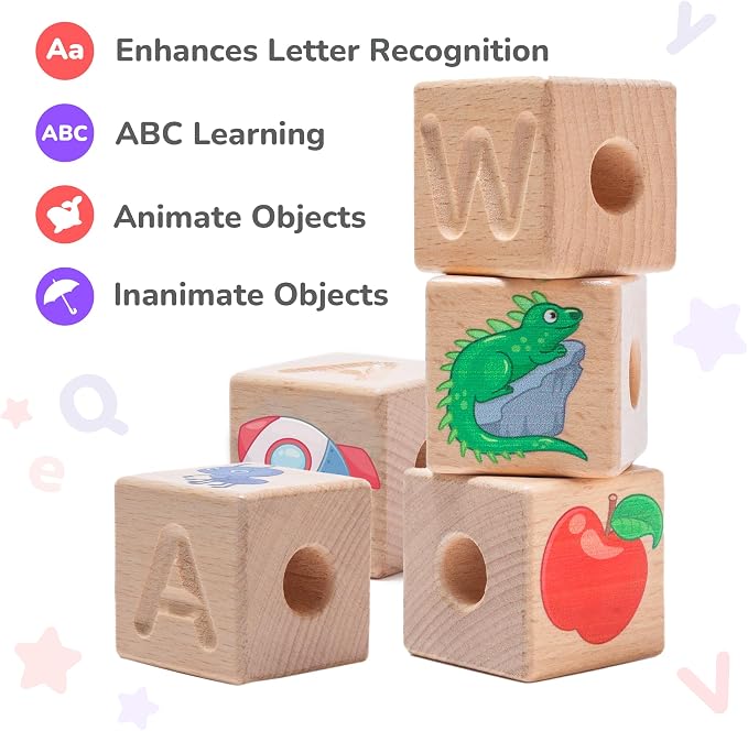 Alphabet Lacing Letters for Toddlers - ABC Lacing Beads, Fine Motor Threading Wooden Toy with Objects & Animals (26 Large Stringing Blocks, 2 Ropes, Cotton Bag)