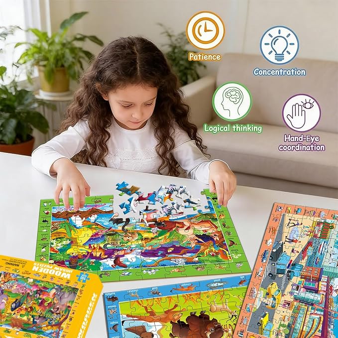 100 Piece Jigsaw Puzzle for Kids Ages 4-6, 4-Pack Animal & Vehicle Themes | Educational Learning Toys for Kids Ages 6-8 8-10, Birthday Gifts for Girls Boys