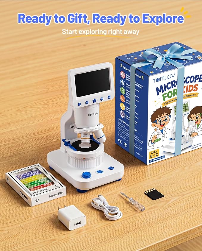 TOMLOV DM302K Microscope for Kids, 800X Science Kit, 4.3" Screen STEM Toy | 12 Prepared Slides, Easy Focus, Beginner-Friendly, Wireless Phone Sharing, USB PC Disply, Photo & Video, Dual LEDs, Ages 6-12