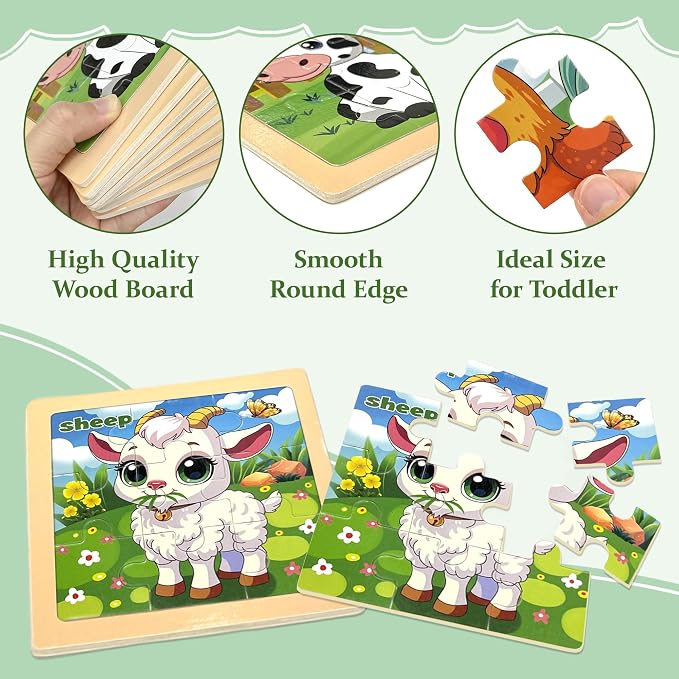 Wooden Farm Puzzles for Toddlers, 8 Pack 9 PCS Jigsaw Puzzles for Kids | Wooden Puzzles for Toddlers 3-5, Animal Puzzles for Kids 3-5, Preschool Puzzles Learning Educational Sets Toys