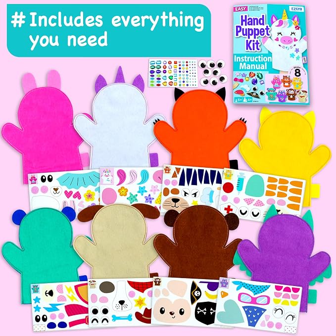 EZCRA Unicorn Hand Puppet Making Kit - 8 DIY Projects | No Glue, No Mess. Make Your Own Puppet Kit for Girls and Boys ages 5-10. DIY Puppet Crafts with Stickers. Birthday Gift.
