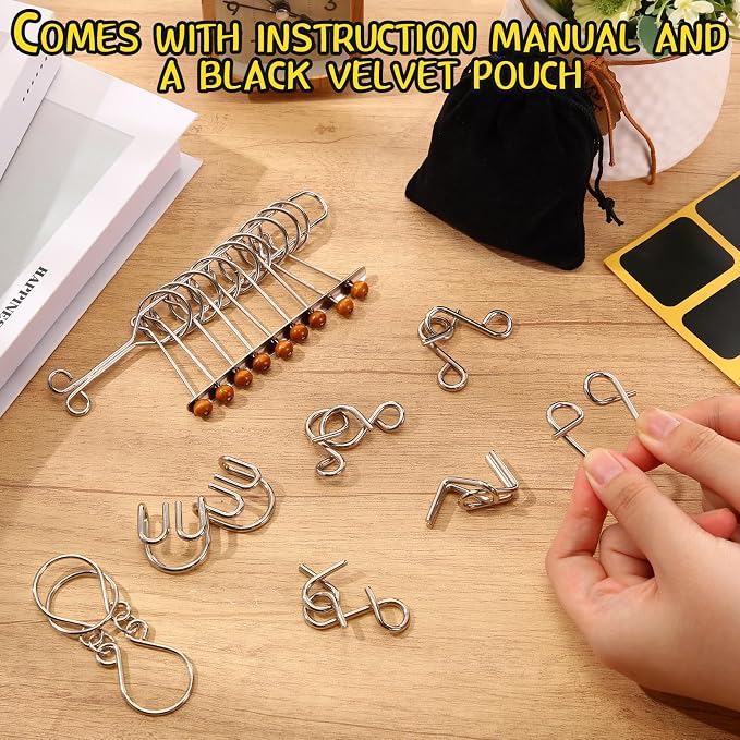 Metal Wire Puzzle Set of 8 with Pouch, Brain Teaser Puzzles IQ Test Ring Disentanglement Unlock Interlock Game Trick Metal for Party Favor Challenge (E Style)