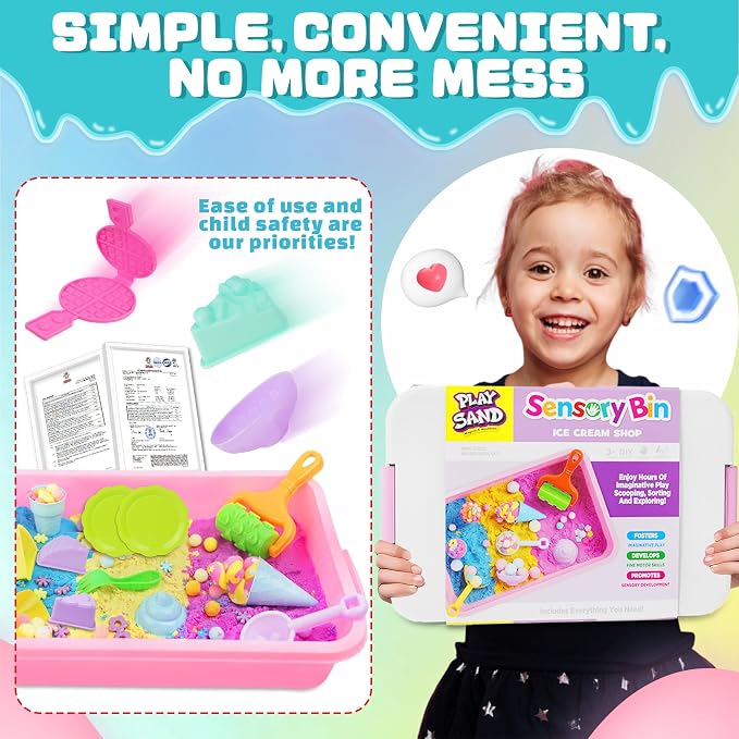 Sensory Bin - Baking & Ice Cream Making Set with 3.3lb Play Sand Kit, Waffle Cake Molds and Sand Tools, Ice Cream Toy Shop, Gifts for Girls & Boys | 3.3lb Play Sand, Waffle Cake Molds, Ice Cream Shop Playset, Creative Baking Toy, Fine Motor Skills, Gif...