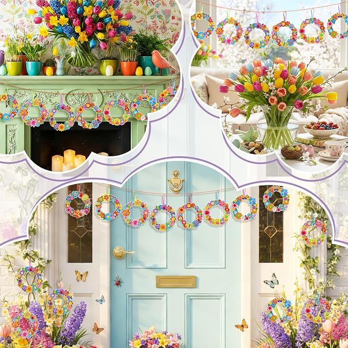 Hollowfly 48 Sets Flower Wreath Craft Kits DIY Wreath Seasonal Activities | Make Your Own Floral Decor, Paper Foam Circles with Stickers, Spring Summer Party Favors Seasonal Craft Activities for Kids