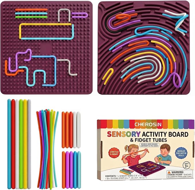 Large Sensory Activity Board, Silicone Fidget Toy for Autism, ADHD & Stress Relief, Double-Sided Quiet Montessori Fine Motor Skills Toy Gift for 3+ Kids, Adults with 36 Strips Portable Bag (Berry)