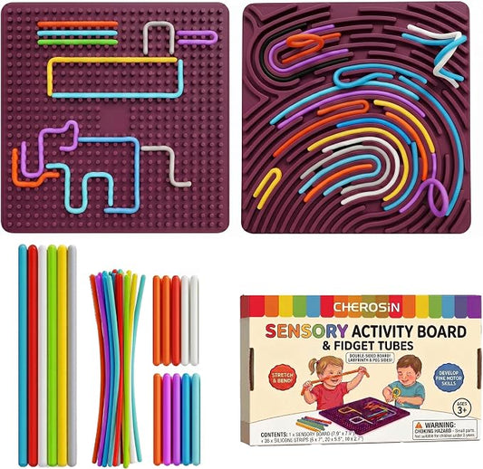 Large Sensory Activity Board, Silicone Fidget Toy for Autism, ADHD & Stress Relief, Double-Sided Quiet Montessori Fine Motor Skills Toy Gift for 3+ Kids, Adults with 36 Strips Portable Bag (Berry)