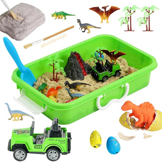 AGENTLAN Dinosaur Sensory Bin with Sensory Sand, Gifts for Boys Ages 3-8 | dinosaur dig sand box with dinosaurs, volcano, and tools, indoor and outdoor activity, toddler dinosaur toys