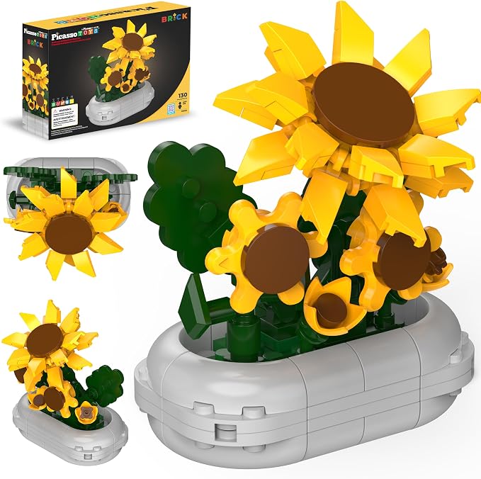 PicassoTiles 130pc STEM Sunflower Building Brick Block Set with Vase Flower Craft Toy for Kids Ages 3+ Educational Learning and Creative Activity Construction Room Decor Gift for Boys and Girls PBS22