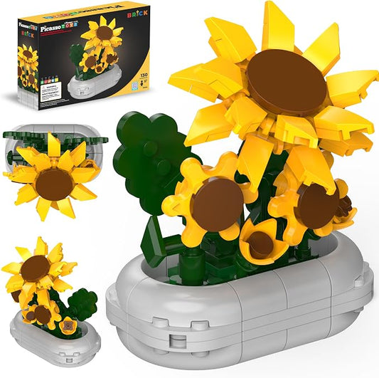 PicassoTiles 130pc STEM Sunflower Building Brick Block Set with Vase Flower Craft Toy for Kids Ages 3+ Educational Learning and Creative Activity Construction Room Decor Gift for Boys and Girls PBS22