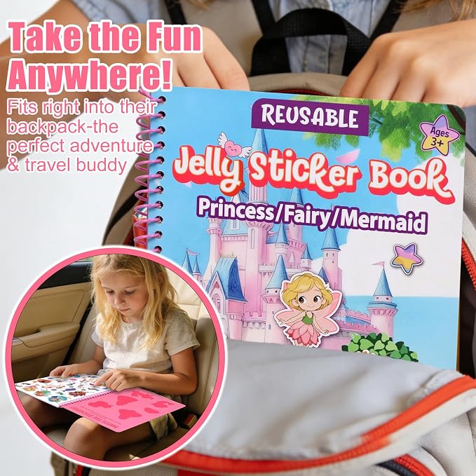 Jelly Sticker Book for Kids 3-5, Reusable Sticker Book for Toddlers | Waterproof Easy to Clean Road Trip Activities, Easter Basket Stuffers & Travel Essentials (Princess)