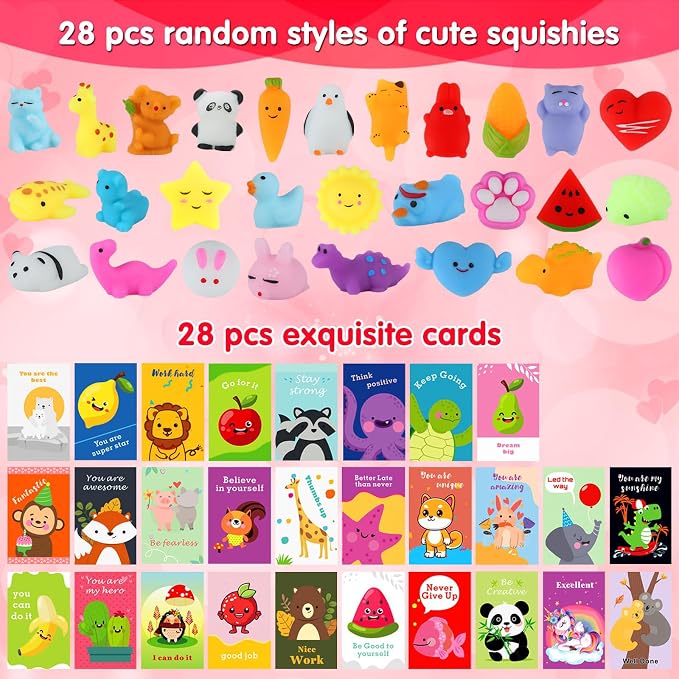 Squishy Toys for Kids, 28 Pack Mini Mochi Squishies and Cards | Soft Fidget Toys Goodie Bag Stuffers Party Favors for Kids Treasure Box Classroom Prizes