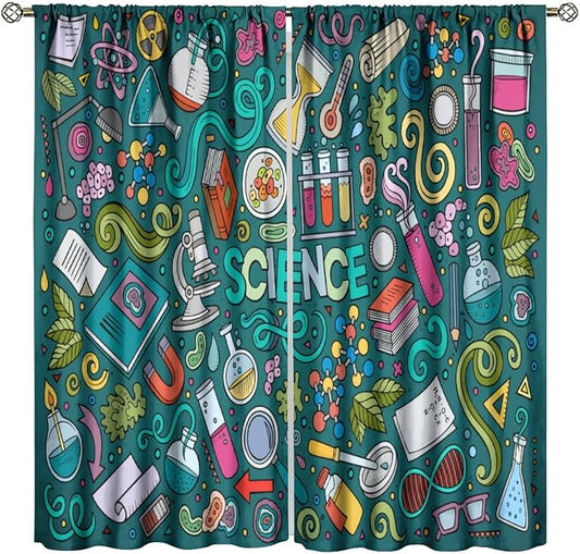 Science Symbols Kids Curtain Sketches Cartoon Chemistry Physics Geometry Education Pattern Print Window Drapes for Bedroom Living Room Kitchen Decor,2 Panel Set,55x63 Inch Blackout