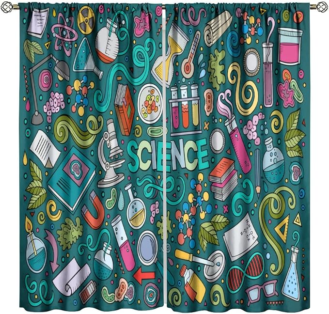 Science Symbols Kids Curtain Sketches Cartoon Chemistry Physics Geometry Education Pattern Print Window Drapes for Bedroom Living Room Kitchen Decor,2 Panel Set,42x45 Inch Decor