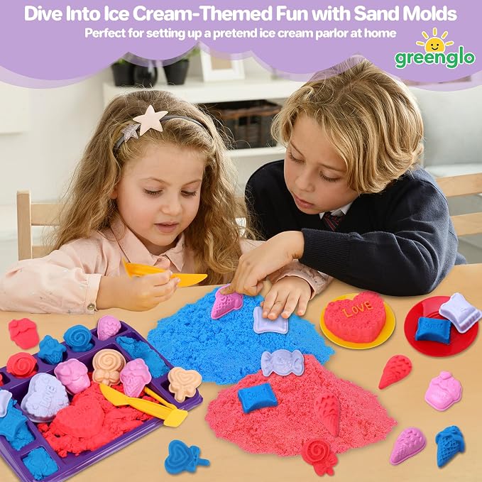 greenglo Sensory Sand Kit for Kids - 0.88 LBS with 12 Molds & Ice Cream Display Tray Sandbox - Kids' Sand Playset Ages 3-8 Creative Sensory Bin Play