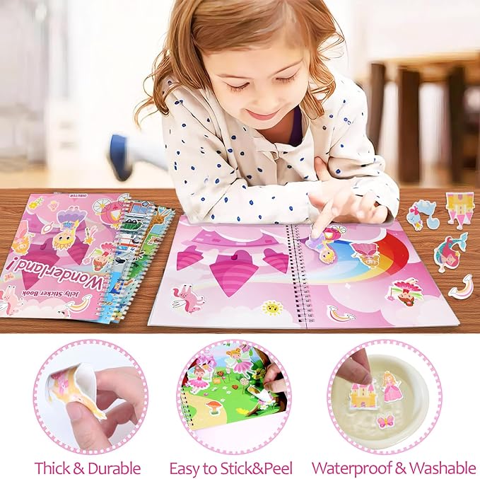 Jelly Sticker Books for Toddlers 2-4 Years, Reusable Sticker Book for Kids 1-3, Toddler Easter Basket Stuffers＆Travel Essentials Princess Stickers Toddler Plane Activities (Wonderland)
