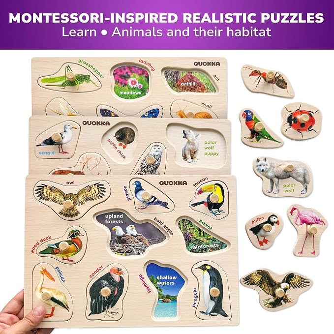 QUOKKA 8 Wooden Puzzles for Toddlers 1-3 - Toddler Montessori Puzzles Ages 2-4 in a Rack - Learning Alphabet, Numbers and Animals Toy for Kids 3-5 - Wood Games Gift for Boys and Girls