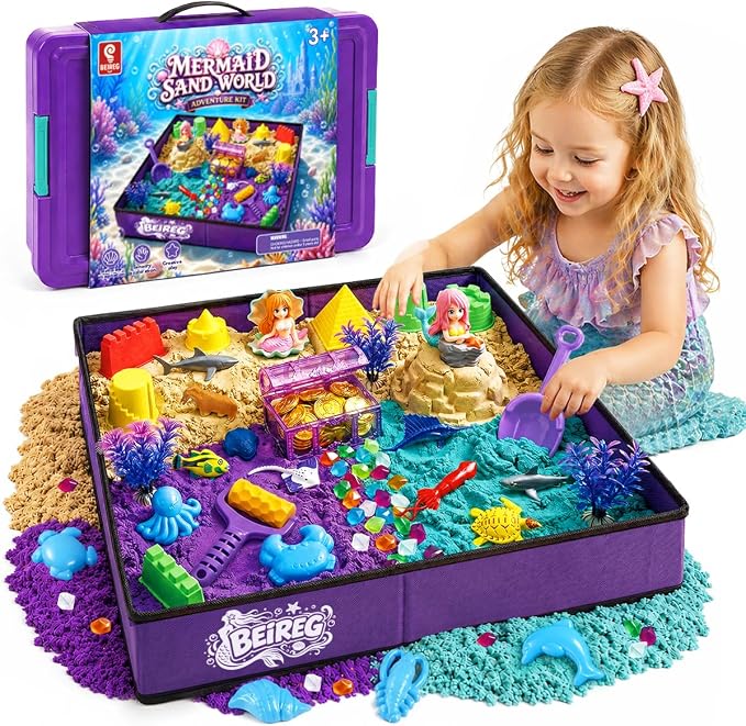Mermaid Sensory Bin Kit - 58 PCS Sensory Sand Set with 2lbs Magic Sand, 18 Castle & Marine Molds, Foldable Roof Sandbox, Treasure Chest, Ocean Sandbox Mermaid Toys Gifts for Girls Ages 3-8
