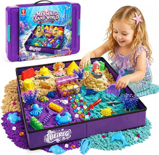 Mermaid Sensory Bin Kit - 58 PCS Sensory Sand Set with 2lbs Magic Sand, 18 Castle & Marine Molds, Foldable Roof Sandbox, Treasure Chest, Ocean Sandbox Mermaid Toys Gifts for Girls Ages 3-8