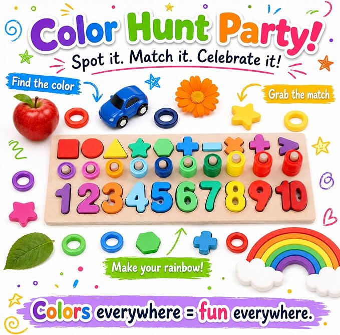 GeroCrew Wooden Montessori Toys for Kids Toddler Number Puzzles Sorter Counting Shape Stacker Stacking Game Preschool Toys for Boy Girl Learning Education Math Blocks Year Old Girl Gifts (Rainbow)