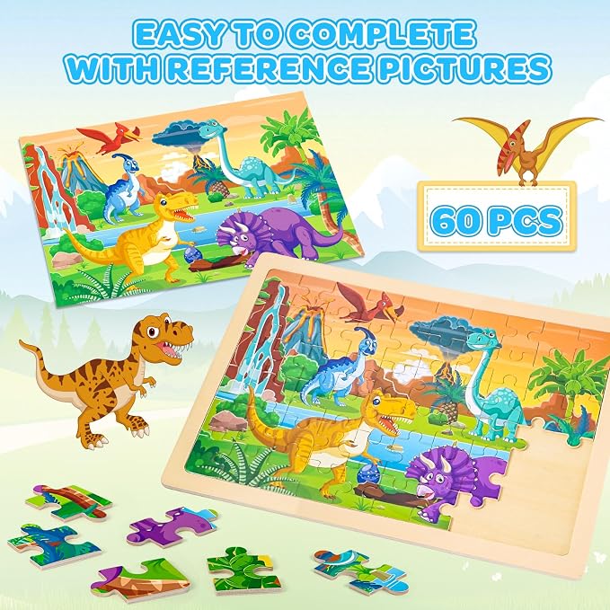 6-Pack Wooden Puzzles for Kids Ages 3-5, 60-Piece Animals Jigsaw Set | Toddler Puzzles Ages 3-5, Preschool Puzzles with Wooden Jigsaw Boards for Fine Motor Skills, Shape Recognition and Travel