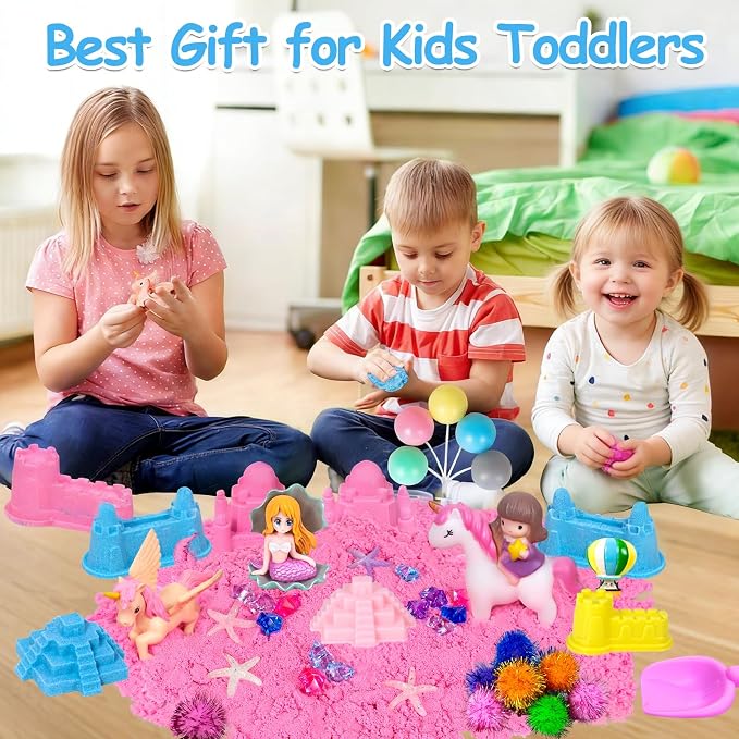 Unicorn Sensory Bins, Sensory Sandbox Toys for Girls Toddler 3 4 5 6 7 8 | Unicorn Play Sand Art Kit with Sandbox & Sand Castle Molds & Tools, Great Gift for Kids Toddlers Christmas Birthday