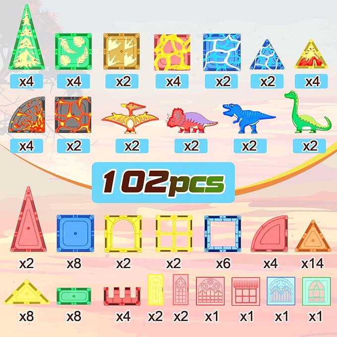 102PCS Dinosaur Toys Magnetic Tiles with 8 Dinosaurs - Jurassic Scenes Toys | Dinosaur World Adventure Set, Magnetic Blocks Kids Toys for Boys & Girls Ages 3+, Sensory Toddler Creative Kids Games Gifts