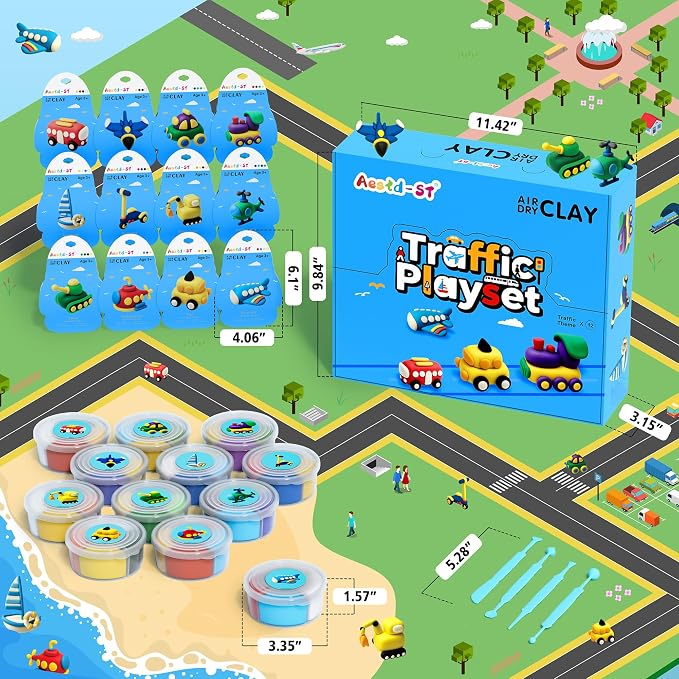 Aestd-ST Air Dry Clay Kit -Traffic Theme, Modeling Clay for Kids | DIY Magic Clay with Sculpting Tools and Tutorials, 12 Boxes Molding Clay, Soft & Non-Sticky, Arts and Crafts Gift for Kids