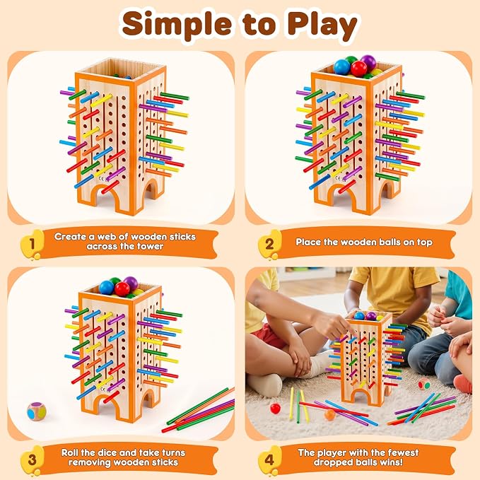 Montessori Board Game for Kids 4-6, 42 Colorful Wooden Sticks Dice Game with 12 Balls, Math & Counting Educational Toy for 3 4 5 6 Year Olds, Fine Motor Skills, Classic Table Game for Family Night