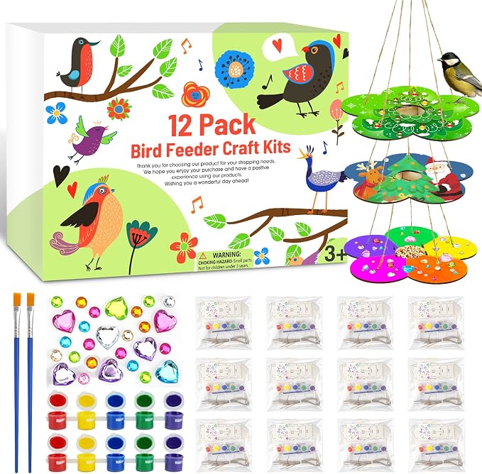 12 Pack Bird Feeder Kit for Kids, DIY Wooden Craft Set | Paints, stickers and instructions included. A creative nature activity for kids, classrooms, parties and outdoor learning.