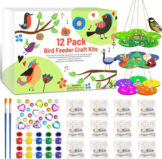 12 Pack Bird Feeder Kit for Kids, DIY Wooden Craft Set | Paints, stickers and instructions included. A creative nature activity for kids, classrooms, parties and outdoor learning.