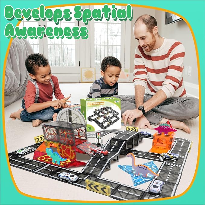 Magnetic Tiles Road Set with Pullback Car for Kids Ages 4-8 Boys Stem Toys | Magnetic City Expension Set,Race Track,Preschool Magnet Blocks Building Toy for 4-8 Year Old,Autism Learning Montessori Gifts