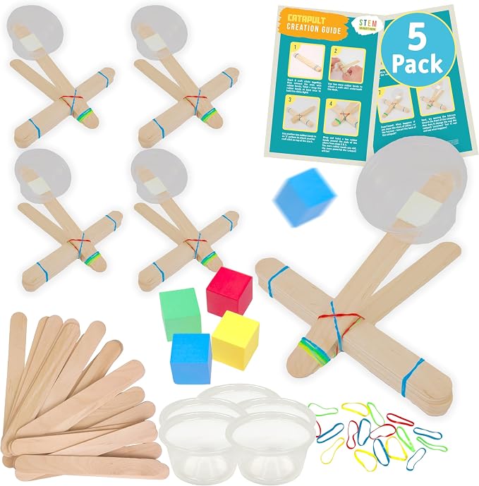 Catapult Kit for Kids, 5-Pack - Mini Catapults STEM Craft, Ages 8+ | Builds 5 mini catapults, launch foam blocks and test distance, a classic hands-on physics project