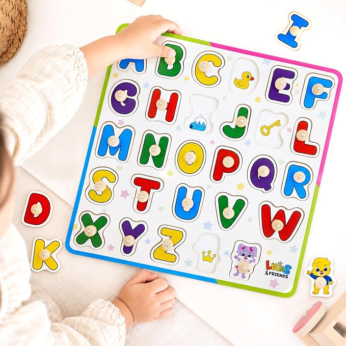 Lucas & Friends Wooden ABC Peg Puzzle for Toddlers, Alphabet Learning Toy | Montessori Learning Toys, Peg Puzzle Board for Preschool Kids, Educational Alphabets Puzzle, Ages 3+, Birthday Gift for Kids