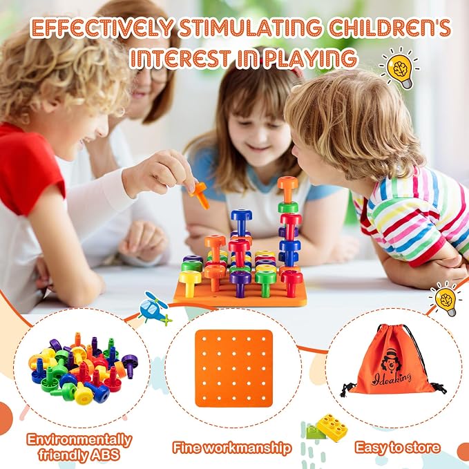 Shappy Toddler Peg Boards Montessori Stacking Toys,Orange | 120 Pcs Pegs with 4 Foam Boards & Storage Bag Kids Fine Motor Skills Educational Toy for Home Preschool