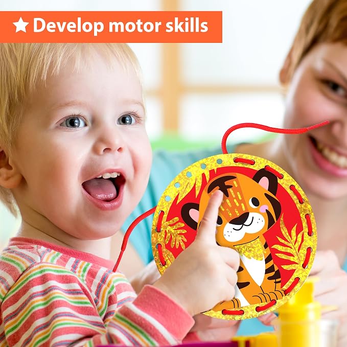 KRAFUN Space & Dino Holographic Lacing Cards Age 3+ |10 Projects | Holographic lacing cards: T-Rex, Astronaut, Rocket, Tiger & Dinosaur. Builds fine motor skills. For boys & girls age 3+