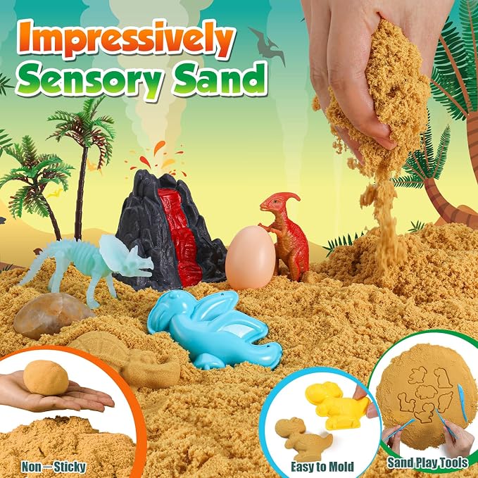 FRUSE Dinosaur Sensory Bin with Dinosaur Toys and 2.2lbs Play Sand for Kids | Play Sand Art Kit, Sandbox with Lid, Glow in the Dark Dinosaurs, Dino Magnifying Glass, Sand Toys, Learning Toys, Kids Gifts