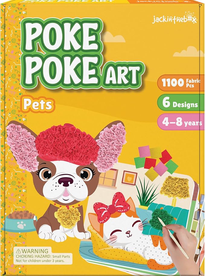 jackinthebox Poke Art Pets Crafts Kits for Children, Gifts Toys, Ages 4-8 | 1400 fabric pieces, travel arts activities & birthday gifts, mess-free toddler, age 4 5 6 7 8 9 year old, flower pressing