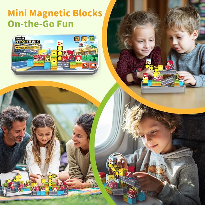 35PCS STEM Educational Mini Magnetic Building Blocks for Kids Ages 3-8 | Mini Magnetic Tiles Travel Set with Portable Iron Storage Box, Montessori Sensory Toys Gifts for Toddlers, Boys & Girls
