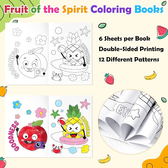 Dvbonike 24Pcs Fruit of the Spirit Coloring Books Religious Color-in Pages | DIY Bible Drawing Booklet Bulk, Holiday Christian Activity Artwork, Sunday School Supplies, Classroom Reward, Gift, for Kids