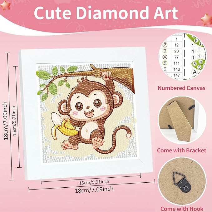 Gemozaic Monkey Diamond Art Kits for Kids Ages 4-8-12 with Frame, 7 x 7 in | Cute Monkey Diamond Art for Kids 10 Year Old, DIY Easy Kid Big Gem Painting, Animal Arts and Crafts for Girl Birthday Gift