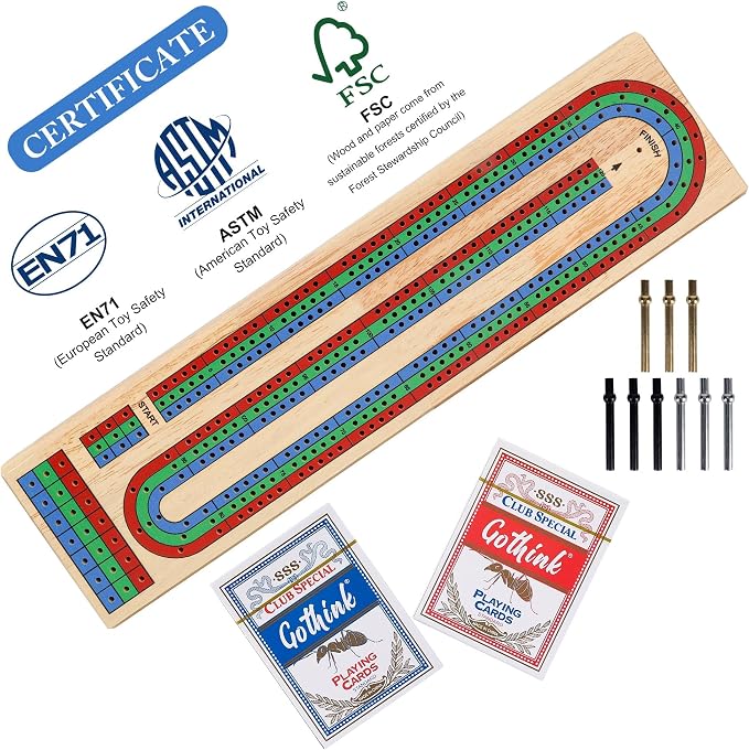 Offelec Upgraded Wooden Folding Cribbage Board Game Set - 3 Track Board with 2 Decks of Cards, 9 Metal Pegs & Storage | Portable Travel Cribbage for Kids, Adults and Family