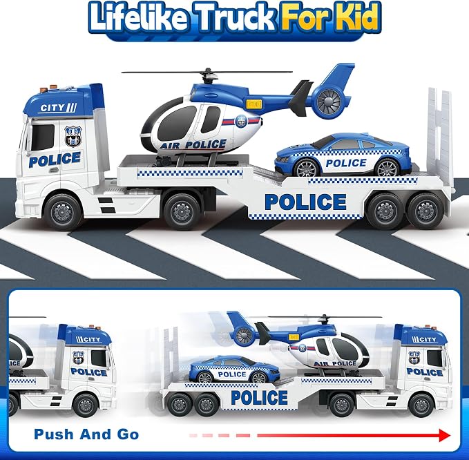 Kids Toys for 3 4 5 6 7 8 Years Old Boys, 25" Police Truck Toy with Racing Car and Helicopter, Toddler Friction Powered Truck Vehicle Toy with Lights, Sounds for Boys Girls Christmas Birthday Gifts