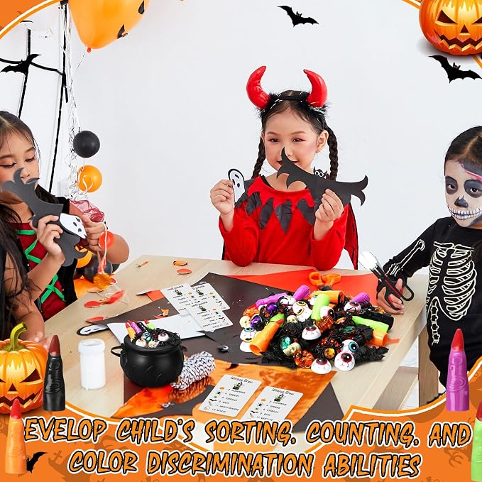 WinnerWhy 117 Pcs Halloween Sensory Bin Whistle Gold Spider Gift Set | Gold Spider Rings, Whistles, Eyeball Bat Skull Pumpkin, Cognitive Cards Sorting Counting, Fine Motor Sensory Training