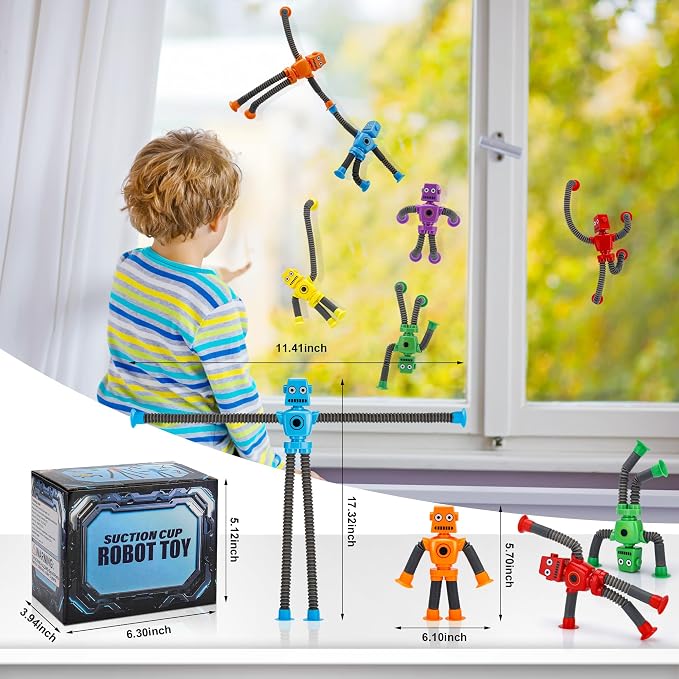 Robot Sensory Pop Tubes Toys 12PCS for Toddlers Boys Age 3-8, Suction Cup Stretchy Fidget Toy, Travel Toys, Autism Stress Relief, Birthday Christmas Stocking Stuffers Party Favors