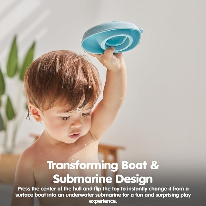 PlanToys® Pastel Blue Rubber Convertible Boat Water & Bath Play Toy Kids | pastel blue rubber convertible boat, montessori water bath play, cause effect imagination exploration, floating toy, toddlers