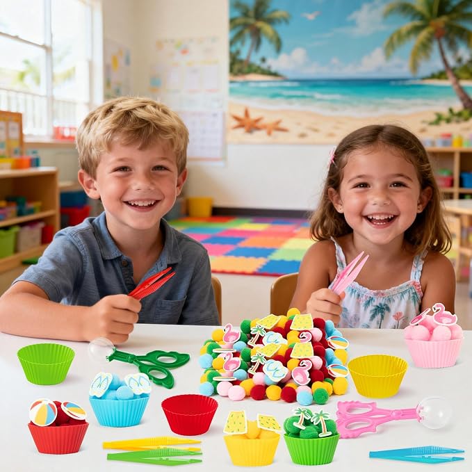 EZdhuawuse Summer Sensory Bin Fillers - 268Pcs Summer Beach Fine Motor Toys Counting Sorting for Kids, Felt Beach Ball Palm Tree Pom Poms Cup Clip for Preschool Education Birthday Gift Party Favors