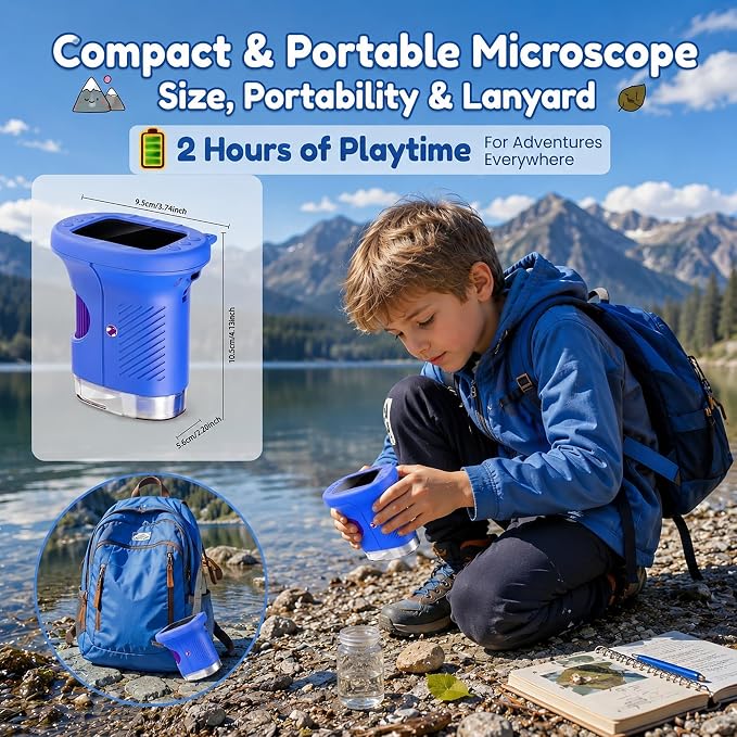 Kids Microscope, 1000X Handheld Digital Pocket Microscope with 2.4" IPS Screen & 8 LEDs, Rechargeable STEM Educational Science Toy for Outdoor Exploration, Gift for Boys Girls Age 4-12, Blue
