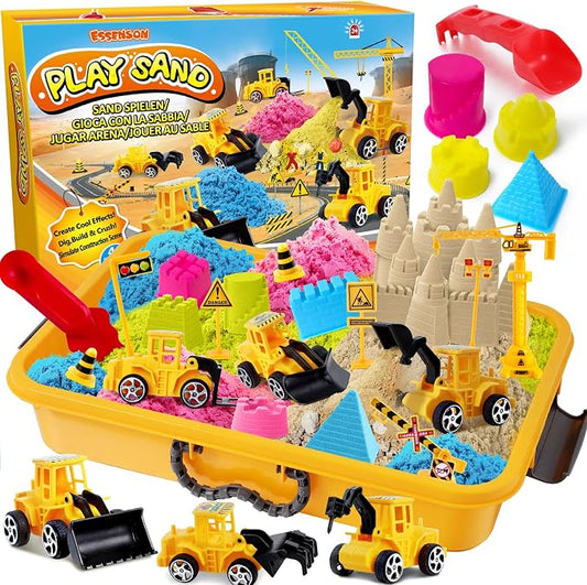 ESSENSON Sensory Bin Play Sand Kit for Kids, 4lbs Magical Sand | Construction Set Toy Truck, Pretend Play Beach Toy, Sandbox