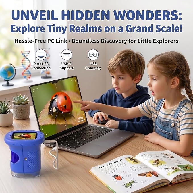 Kids Microscope, 1000X Handheld Digital Pocket Microscope with 2.4" IPS Screen & 8 LEDs, Rechargeable STEM Educational Science Toy for Outdoor Exploration, Gift for Boys Girls Age 4-12, Blue