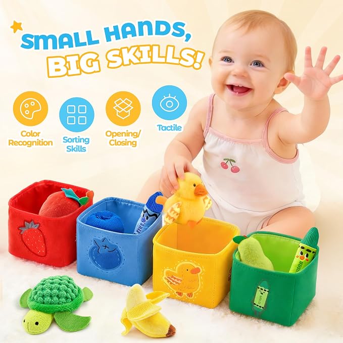 JoyCat Montessori Baby Toys 6-12 Months, 12PCS Sensory Sorting Boxes | Soft boxes with animal, fruit and crayon plush pieces for color sorting, in/out play, textures and little-hand practice